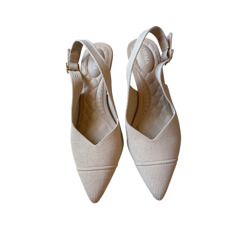 Vivaia Pointed Toe Slingback Kitten Heels Cream Beige Knit Pumps 40.5